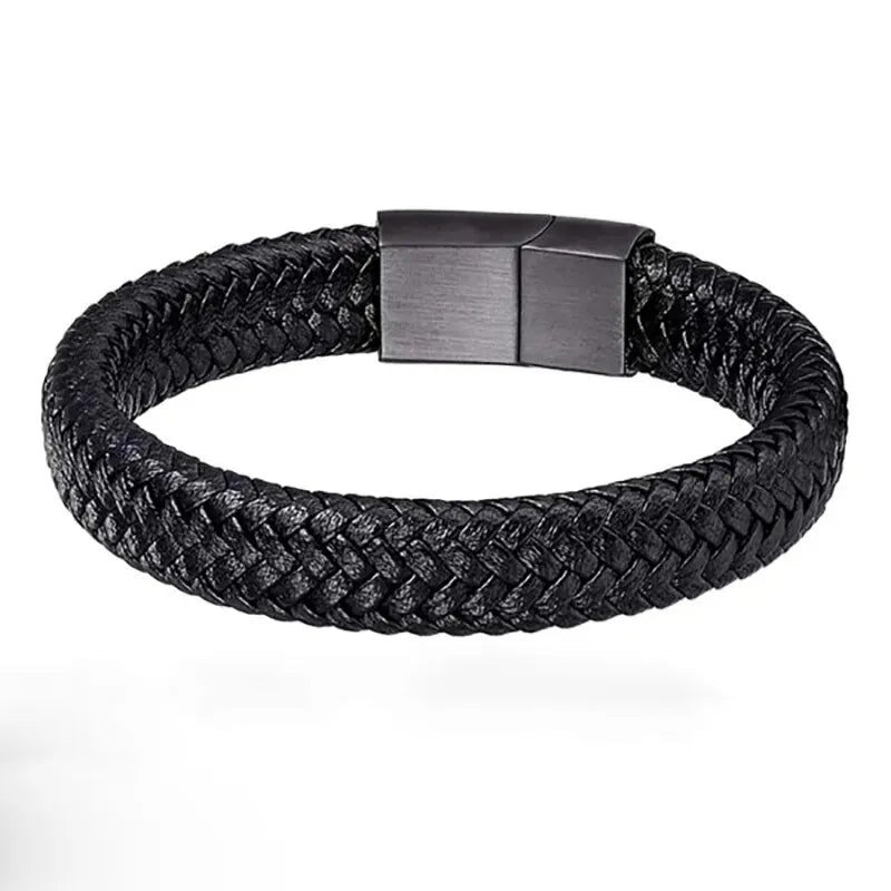 Pulseira Masculina de Couro Preto com Ímã